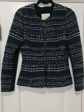 Rebecca Taylor - Navy and Light Gray Striped Peplum Blazer
